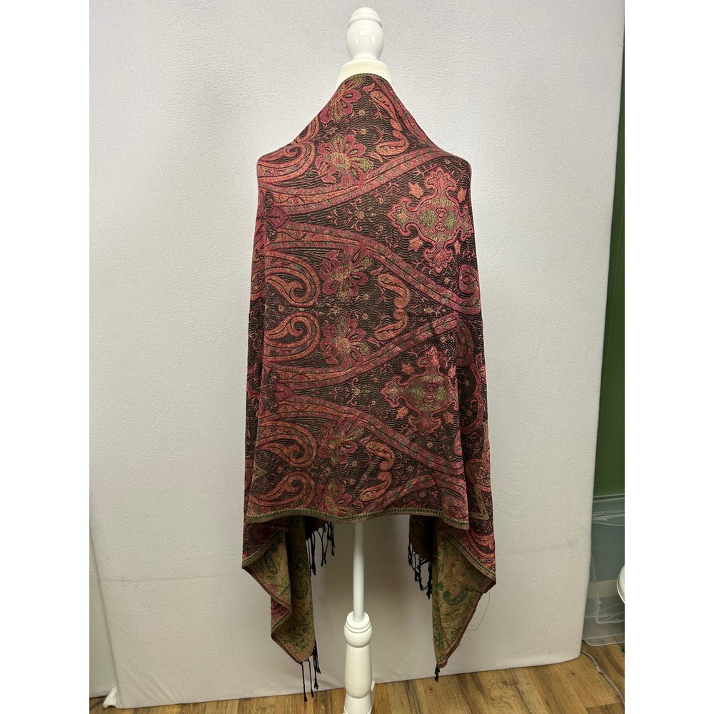 Boho Ethnic Paisley  Womens OS Burgundy Green Reversible Shawl Scarf